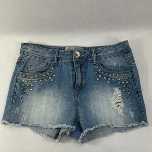 Jolt Distressed Booty Jean Shorts with Silver Round Studded Detail Raw Hem